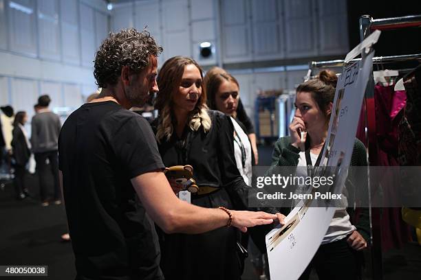 Designer Dimitrios Panagiotopoulos backtstage ahead of the Dimitri show during the Mercedes-Benz Fashion Week Berlin Spring/Summer 2016 at...