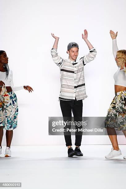 Designer Timm Suessbrich and Nikeata Thompson dance on the Barre Noire presented by Mastercard show during the Mercedes-Benz Fashion Week Berlin...