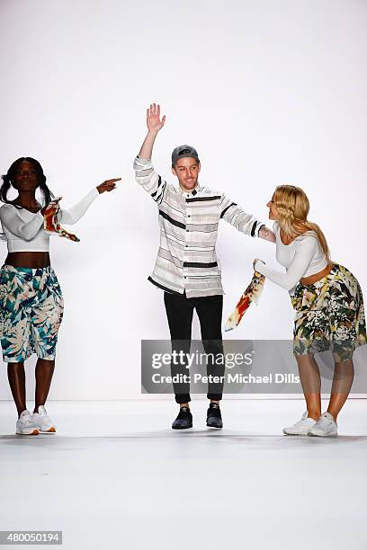 Designer Timm Suessbrich and Nikeata Thompson dance on the Barre Noire presented by Mastercard show during the Mercedes-Benz Fashion Week Berlin...