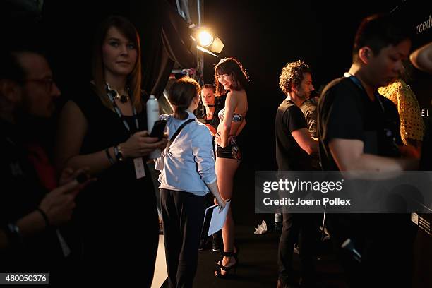 Model is seen backstage ahead of the Dimitri show during the Mercedes-Benz Fashion Week Berlin Spring/Summer 2016 at Brandenburg Gate on July 9, 2015...