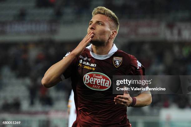 Ciro Immobile of Torino FC celebrates after scoring the opening goal during the Serie A match between Torino FC and AS Livorno Calcio at Stadio...