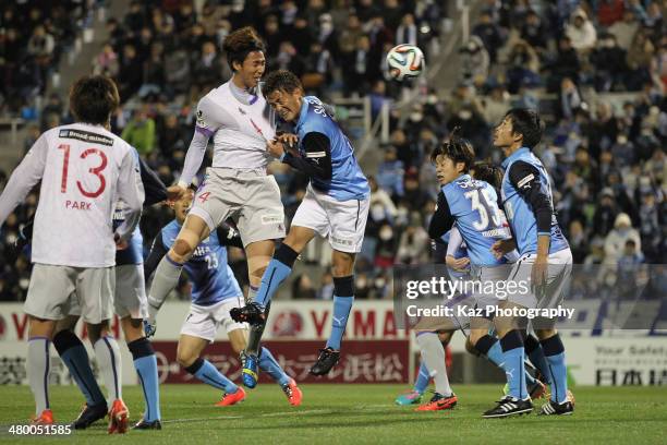 Lee Kwang-Seon of Avispa Fukuoka scores his team's first goal during the J.League second division match between Jubilo Iwata and Avispa Fukuoka at...