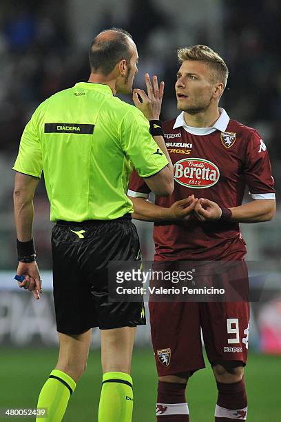 Referee Carmine Russo speaks with Ciro Immobile of Torino FC during the Serie A match between Torino FC and AS Livorno Calcio at Stadio Olimpico di...