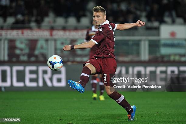 Ciro Immobile of Torino FC scores his second goal during the Serie A match between Torino FC and AS Livorno Calcio at Stadio Olimpico di Torino on...