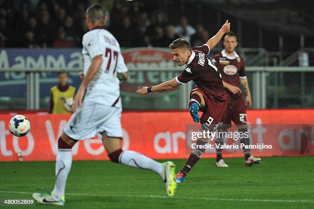 Ciro Immobile of Torino FC scored his third goal during the Serie A match between Torino FC and AS Livorno Calcio at Stadio Olimpico di Torino on...