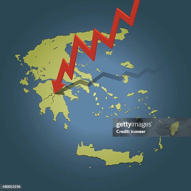 greece map with arrow crashing on map dark background - uncertainty forecasting stock illustrations