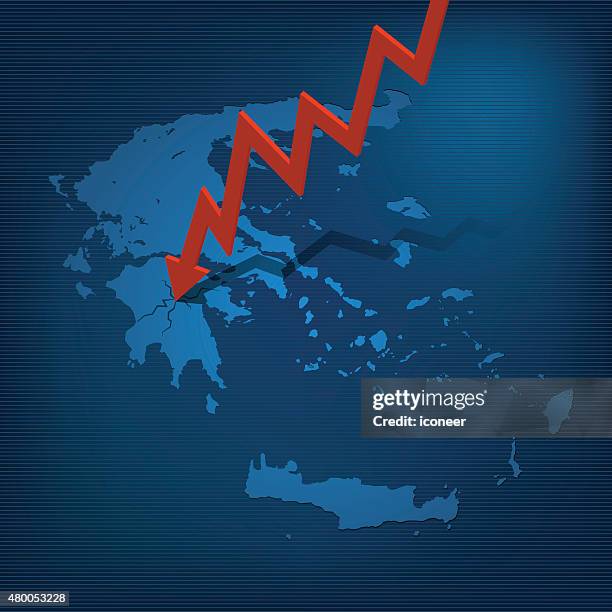 greece map with arrow crashing on map blue background - uncertainty forecasting stock illustrations