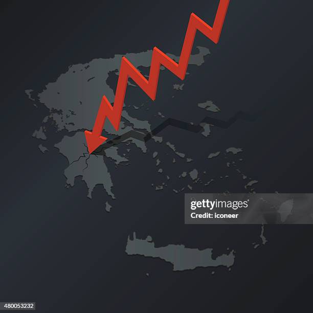 greece map with arrow crashing on map grey background - negative impact stock illustrations