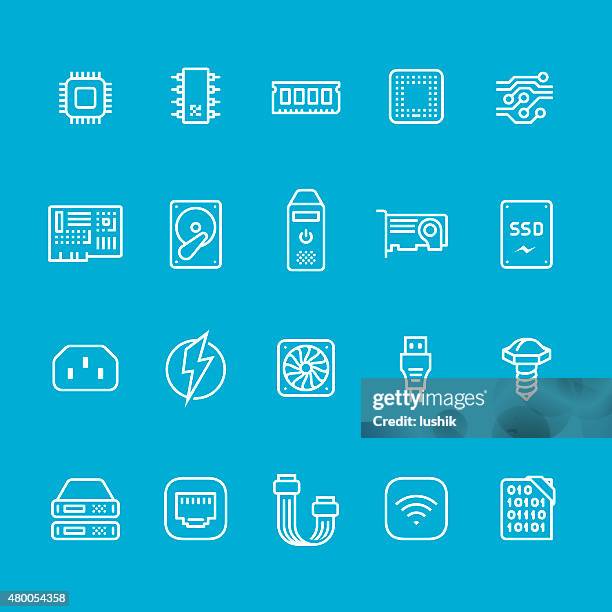 ilustraciones, imágenes clip art, dibujos animados e iconos de stock de iconos de hardware de computadora y parte de la colección - hombre y máquina