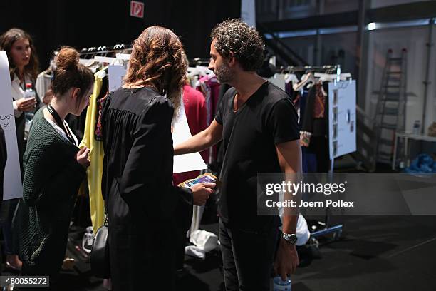 Designer Dimitrios Panagiotopoulos is seen backtstage ahead of the Dimitri show during the Mercedes-Benz Fashion Week Berlin Spring/Summer 2016 at...