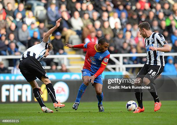 Fabricio Coloccini and Paul Dummett of Newcastle challenge Kagisho Dikgacoi of Crystal Palace during the Barclays Premier League match between...