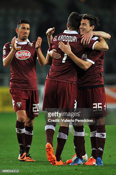Omar El Kaddouri and Matteo Darmian of Torino FC celebrate after their team-mate Ciro Immobile scored his second goal during the Serie A match...