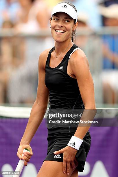 Ana Ivanovic of Serbia celebrates her win over Flavia Pennetta of Italy during the Sony Open at the Crandon Park Tennis Center on March 22, 2014 in...