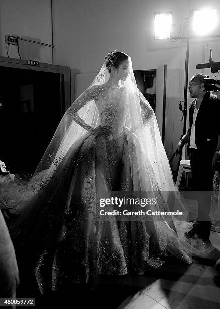 Model backstage before the Zuhair Murad show as part of Paris Fashion Week Haute Couture Fall/Winter 2015/2016 at Palais de Tokyo on July 9, 2015 in...