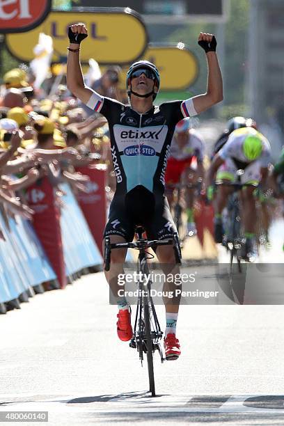 Zdenek Stybar of Czech Republic riding for Etixx-QuickStep reacts as he wins stage six of the 2015 Tour de France from Abbeville to Le Havre on July...