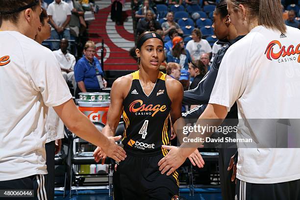 Skylar Diggins of the Tulsa Shock gets introduced before a game against the Minnesota Lynx during the game at Target Center on June 22, 2015 in...