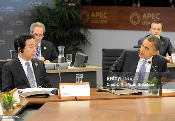Japanese Prime Minister Yoshihiko Noda and U.S. President Barack Obama attend the Asia-Pacific Economic Cooperation Summit on November 13, 2011 in...