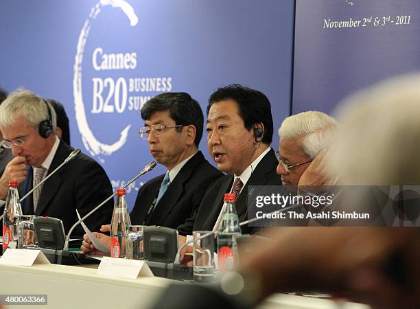 Japanese Prime Minister Yoshihiko Noda attends B20 Business Summit on the sidelines of the G20 Summit on November 3, 2011 in Cannes, France. World's...