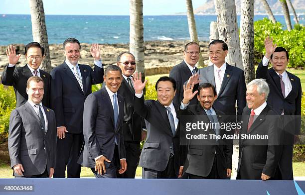 Leaders pose during the family photo session of the Asia-Pacific Economic Cooperation Summit on November 13, 2011 in Honolulu, Hawaii. The United...