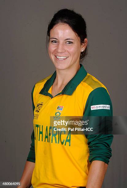 Marizanne Kapp of South Africa poses for a portrait during the womens headshot session before the start of the ICC Women's World T20 at the Sylhet...