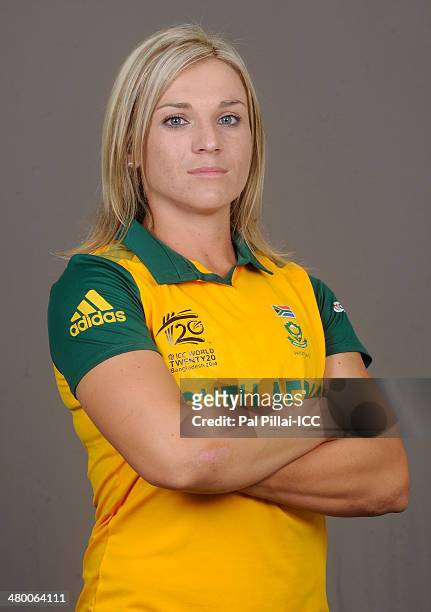 Mignon du Preez captain of South Africa poses for a portrait during the womens headshot session before the start of the ICC Women's World T20 at the...