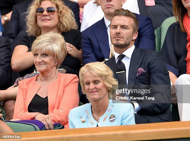 Sandra Beckham and David Beckham attend day ten of the Wimbledon Tennis Championships at Wimbledon on July 9, 2015 in London, England.