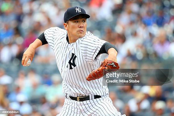 Masahiro Tanaka of the New York Yankees pitches in the first inning against the Oakland Athletics at Yankee Stadium on July 9, 2015 in the Bronx...