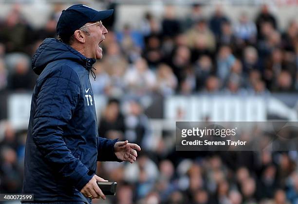 Crystal Palace Manager Tony Pulis shouts instructions from sideline during the Barclays Premier League match between Newcastle United and Crystal...