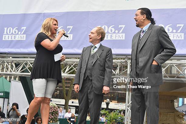 Deliah, Raymond Teller and Penn Jilette onstage during 106.7 Lite FM's Broadway In Bryant Park 2015 at Bryant Park on July 9, 2015 in New York City.