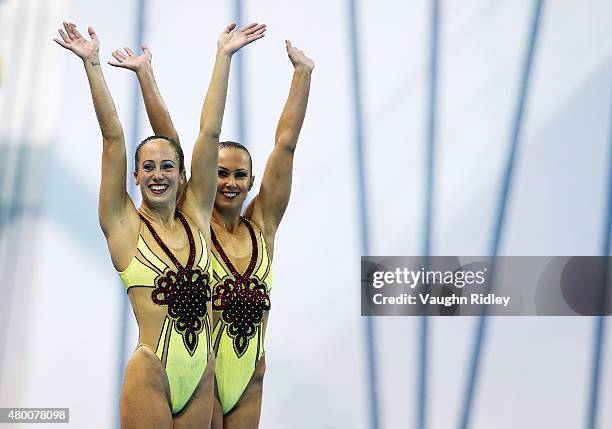 Mariya Koroleva and Alison Williams of the United States compete in the Synchronized Swimming Duet Technical Routine during the Toronto 2015 Pan Am...