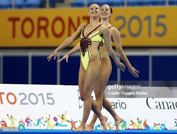 Mariya Koroleva and Alison Williams of the United States compete in the Synchronized Swimming Duet Technical Routine during the Toronto 2015 Pan Am...