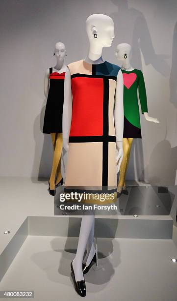 Dresses on display at the opening night of the Yves Saint Laurent Style is Eternal exhibition at Bowes Museum on July 9, 2015 in Barnard Castle,...
