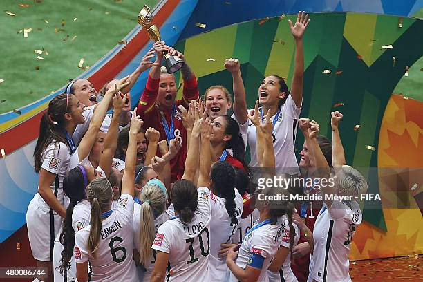 United States of America celebrates after winning the FIFA Women's World Cup 2015 final match between USA and Japan at BC Place Stadium on July 5,...