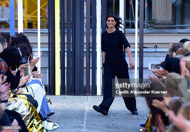 Designer Leyla Piedayesh is seen on the runway after the Lala Berlin Fashion Show Spring/Summer 2016 at Kronprinzenpalais on July 9, 2015 in Berlin,...