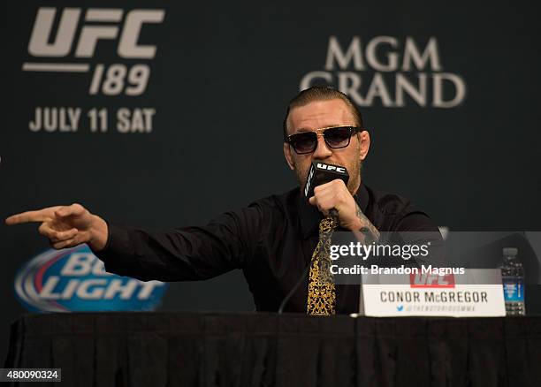 Conor McGregor speaks to the media during the UFC 189 & TUF Finale Press Conference at MGM Grand Hotel & Casino on July 9, 2015 in Las Vegas Nevada.