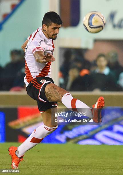 Luis Gonzalez or River Plate kicks the ball during a match between Tigre and River Plate as part of 13th round of Torneo Primera Division 2015 at...