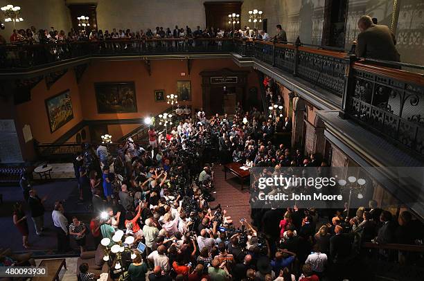 South Carolina Governor Nikki Haley signs a bill to remove the Confederate flag from the statehouse on July 9, 2015 in Columbia, South Carolina. The...