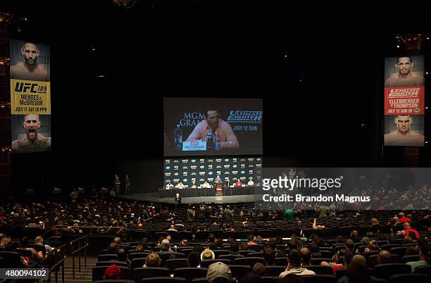 Jake Ellenberger speaks to the media during the UFC 189 & TUF Finale Press Conference at MGM Grand Hotel & Casino on July 9, 2015 in Las Vegas Nevada.