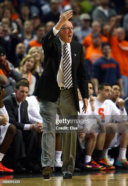 Head coach Jim Boeheim of the Syracuse Orange reacts during the third round of the 2014 NCAA Men's Basketball Tournament against the Dayton Flyers at...