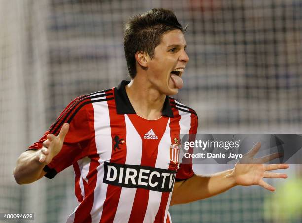 Guido Carrillo celebrates after scoring during a match between Velez Sarsfield and Estudiantes as part of ninth round of Torneo Final 2014 at Jose...