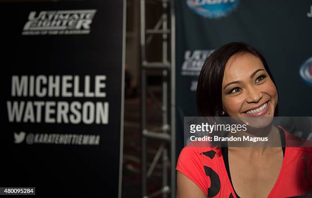 Michelle Waterson speaks to the media during the UFC 189 & TUF Finale Ultimate Media Day at MGM Grand Hotel & Casino on July 9, 2015 in Las Vegas...