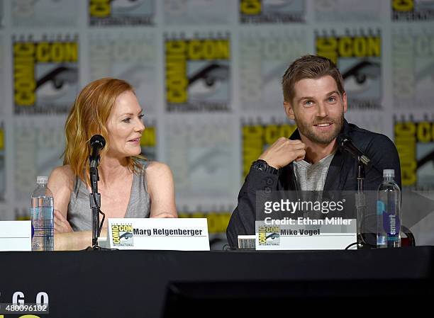 Actress Marg Helgenberger and actor Mike Vogel attend CBS TV Studios' panel for "Under the Dome" during Comic-Con International 2015 at the San Diego...