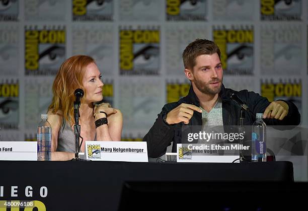 Actress Marg Helgenberger and actor Mike Vogel attend CBS TV Studios' panel for "Under the Dome" during Comic-Con International 2015 at the San Diego...
