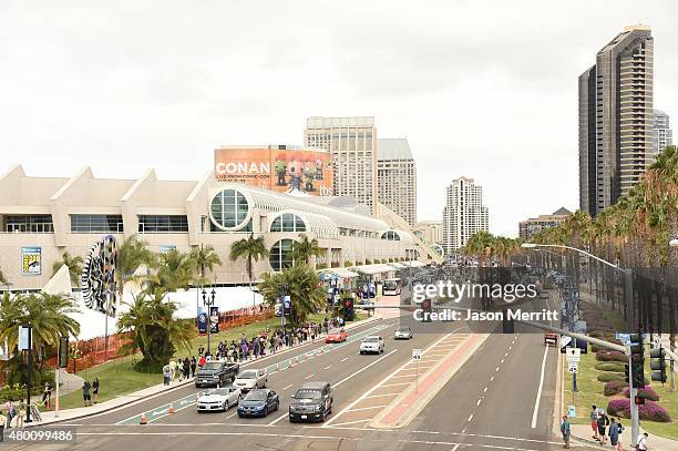 General view of the street during the Lionsgate press room during Comic-Con International 2015 at the Hilton Bayfront on July 9, 2015 in San Diego,...