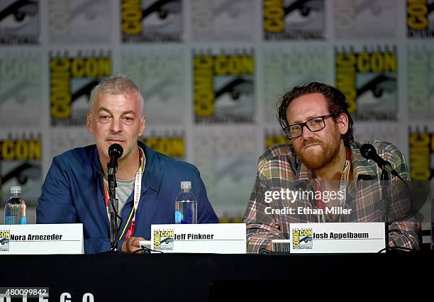 Producer/writers Jeff Pinkner and Josh Appelbaum attend CBS TV Studios' panel for "Zoo" during Comic-Con International 2015 at the San Diego...