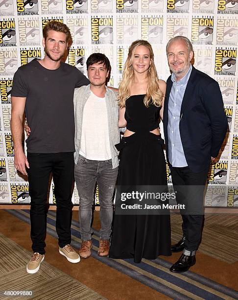 Actors Liam Hemsworth, Josh Hutcherson, Jennifer Lawrence and director Francis Lawrence of "The Hunger Games: Mockingjay - Part 2" attends the...