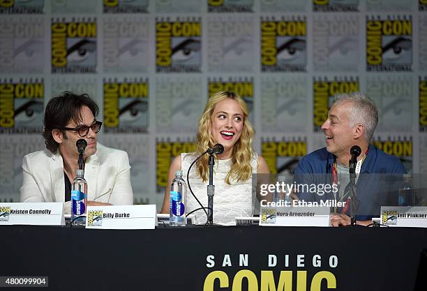 Actor Billy Burke, actress Nora Arnezeder and producer/writer Jeff Pinkner attend CBS TV Studios' panel for "Zoo" during Comic-Con International 2015...