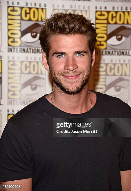 Actor Liam Hemsworth of "The Hunger Games: Mockingjay - Part 2" attends the Lionsgate press room during Comic-Con International 2015 at the Hilton...
