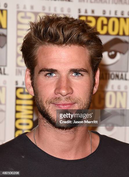 Actor Liam Hemsworth of "The Hunger Games: Mockingjay - Part 2" attends the Lionsgate press room during Comic-Con International 2015 at the Hilton...