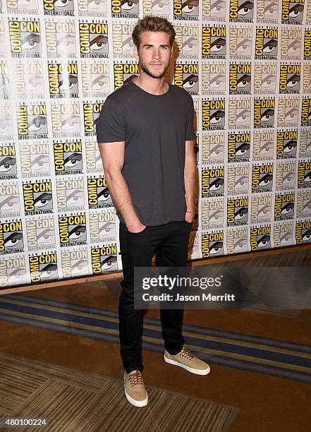 Actor Liam Hemsworth of "The Hunger Games: Mockingjay - Part 2" attends the Lionsgate press room during Comic-Con International 2015 at the Hilton...